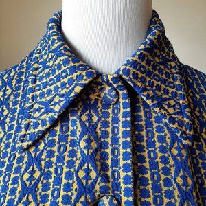 Vtg 60s Woven Geometric Psychedelic Knit Jacket Blue Yellow Polyester Blazer